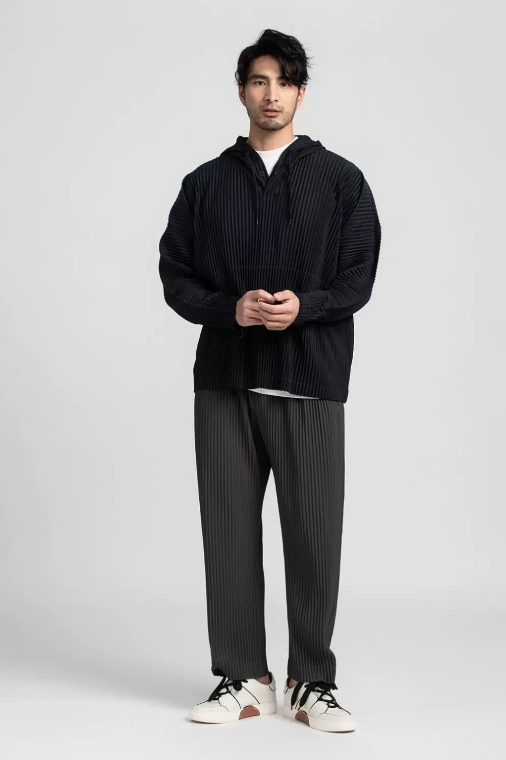 Men's Pleated Solid Long Sleeve Hoodies Loose Fit Hooded Sweatshirt