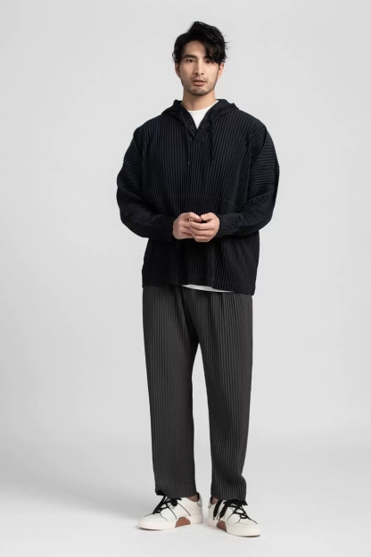 Men's Pleated Solid Long Sleeve Hoodies Loose Fit Hooded Sweatshirt
