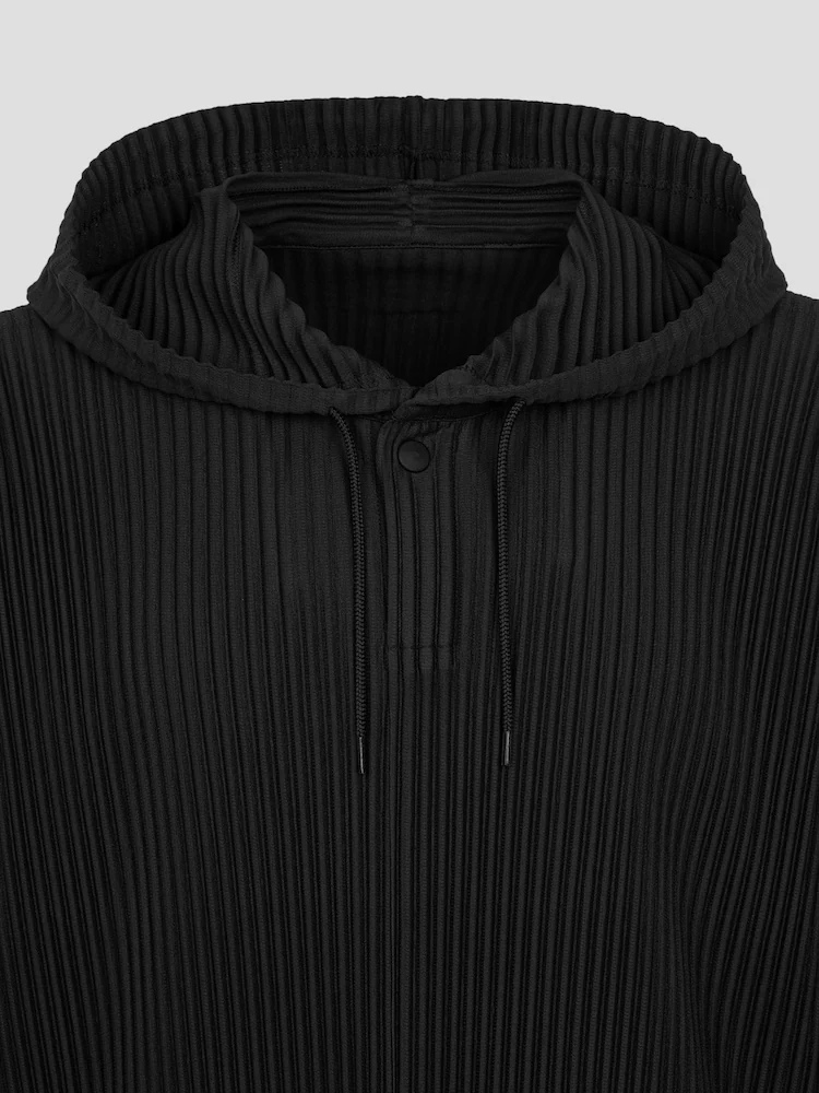 Men's Pleated Black Drawstring Hoodie With Big Pockets, Going Out, Casual