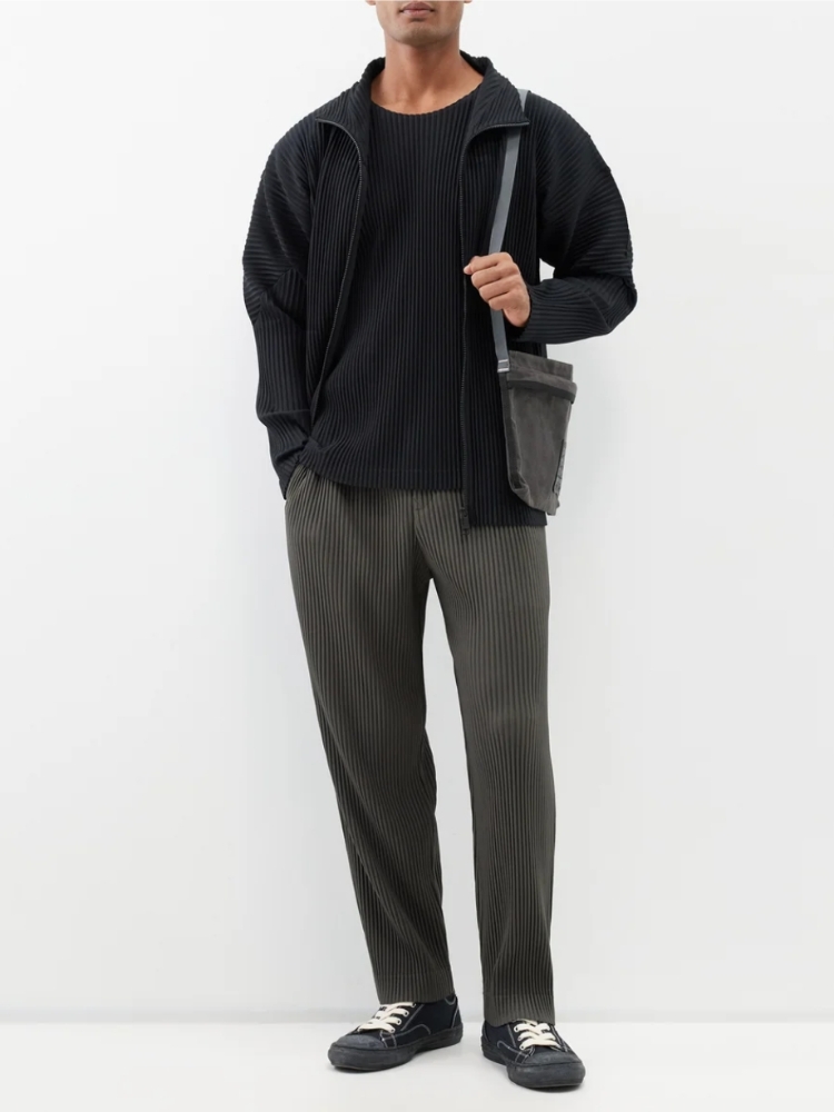 Men's Pleated High-Neck Zip-Up Jacket Basics Two-way Zip Fastening Coat