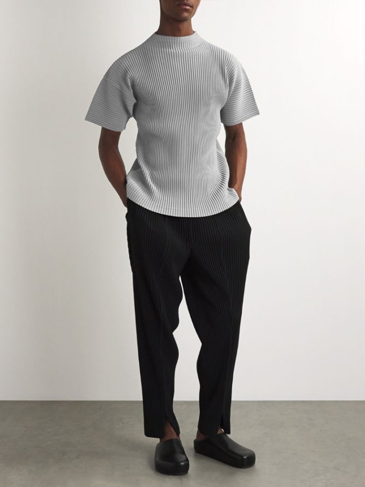 Men's Pleated Short Sleeve Turtleneck T-Shirt Fashion Plain Tee