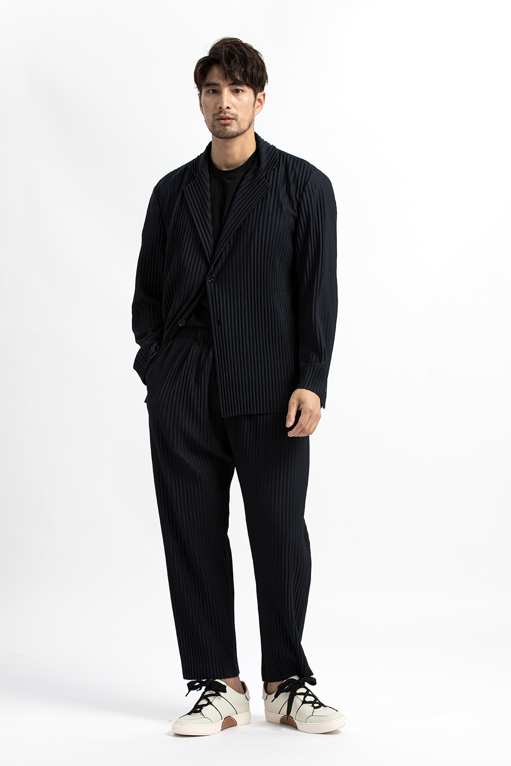 Men's Pleated Wild Pants Solid Color Straight Pants Casual Suit Trousers Elastic Waist