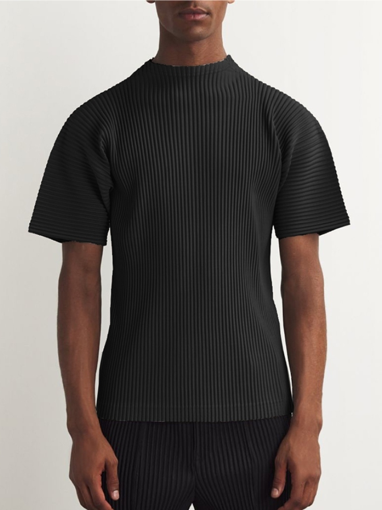 Men's Pleated Short Sleeve Turtleneck T-Shirt Fashion Plain Tee