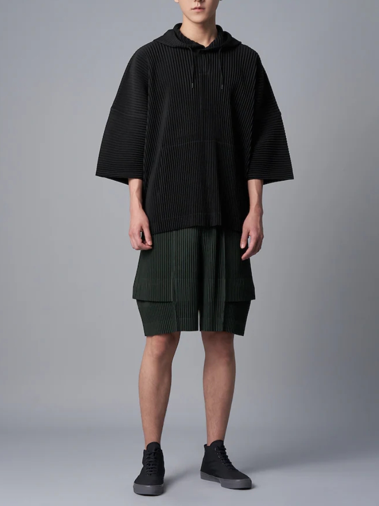 Men's Pleated Black Drawstring Hoodie With Big Pockets, Going Out, Casual