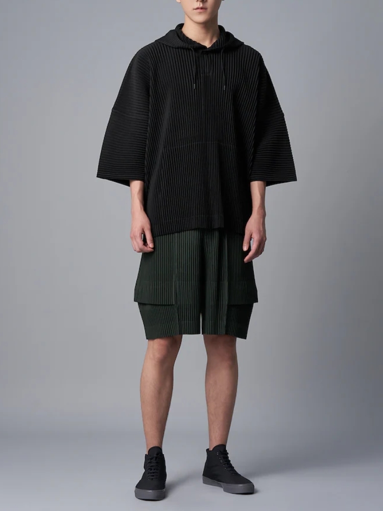 Men's Pleated Black Drawstring Hoodie With Big Pockets, Going Out, Casual