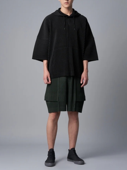 Men's Pleated Black Drawstring Hoodie With Big Pockets, Going Out, Casual