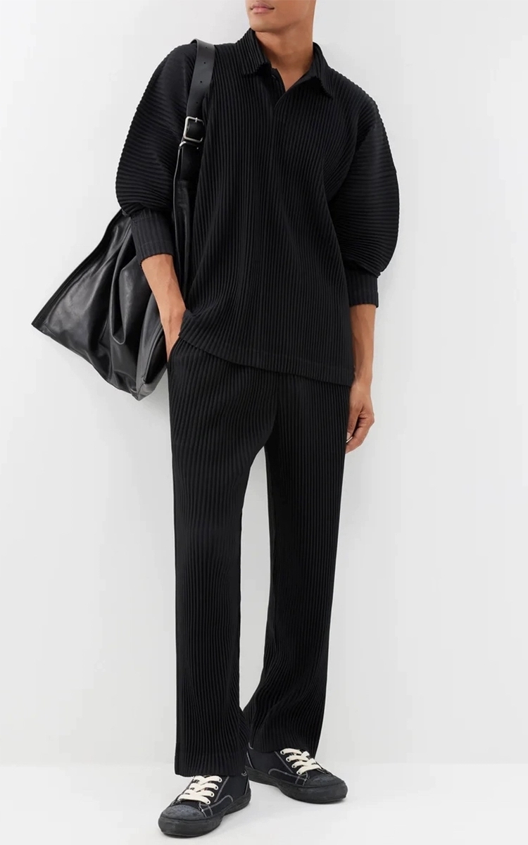 Men's Pleated Long Sleeve Polo Shirt Loose Retro Fashion Streetwear