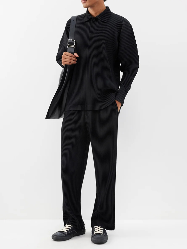 Men's Pleated Long Sleeve Polo Shirt Loose Retro Fashion Streetwear