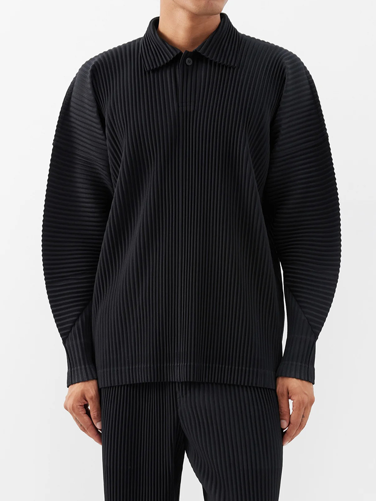 Men's Pleated Long Sleeve Polo Shirt Loose Retro Fashion Streetwear