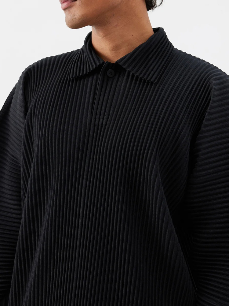 Men's Pleated Long Sleeve Polo Shirt Loose Retro Fashion Streetwear