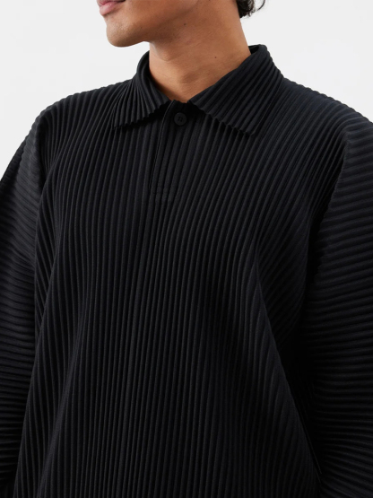 Men's Pleated Long Sleeve Polo Shirt Loose Retro Fashion Streetwear