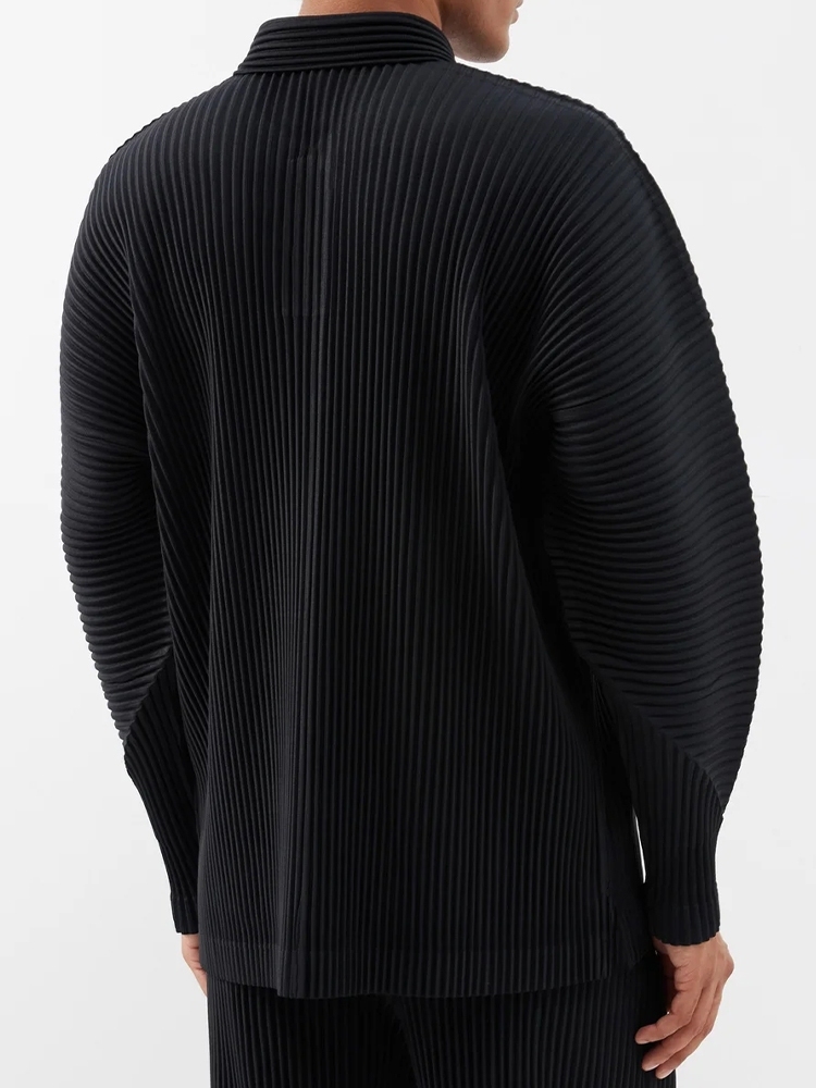 Men's Pleated Long Sleeve Polo Shirt Loose Retro Fashion Streetwear
