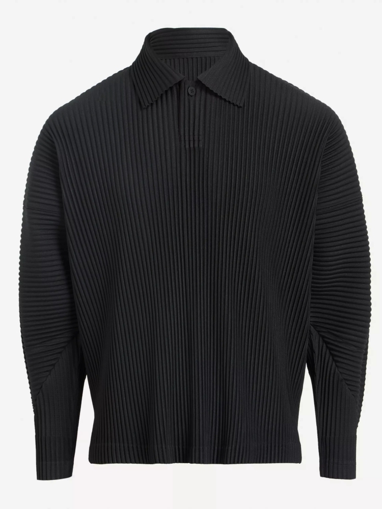 Men's Pleated Long Sleeve Polo Shirt Loose Retro Fashion Streetwear