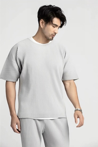 Men's Pleated Solid Short Sleeve T Shirt Round Collar Casual  Tee