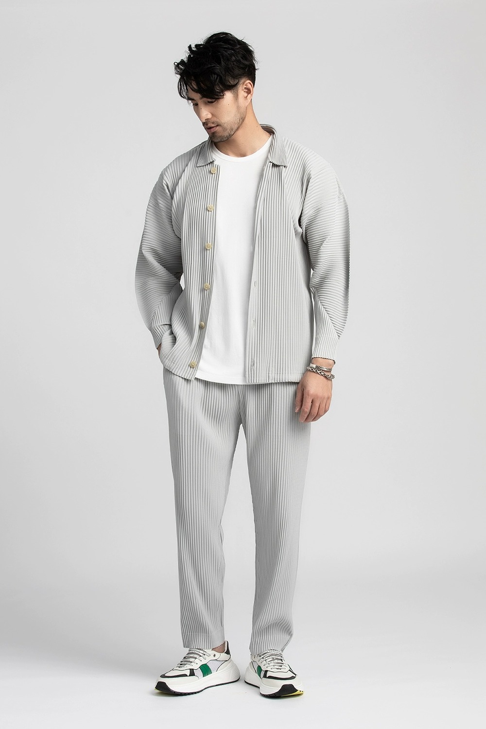 Men's Pleated Long Sleeve Shirt Casual Button Up Shirt