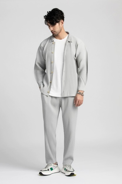 Men's Pleated Long Sleeve Shirt Casual Button Up Shirt