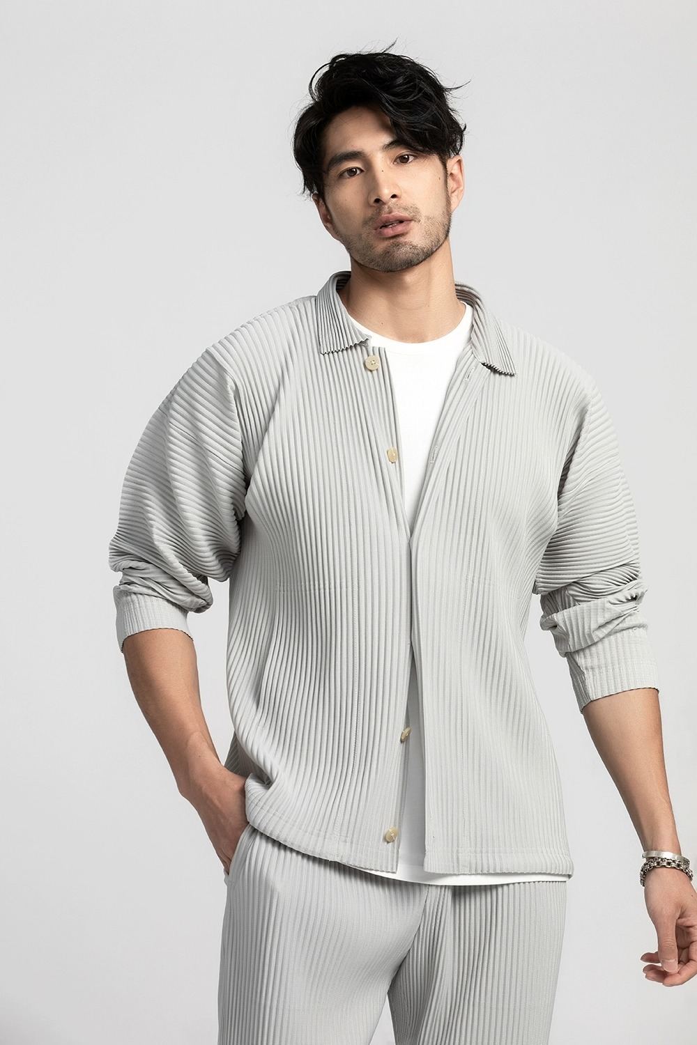 Men's Pleated Long Sleeve Shirt Casual Button Up Shirt