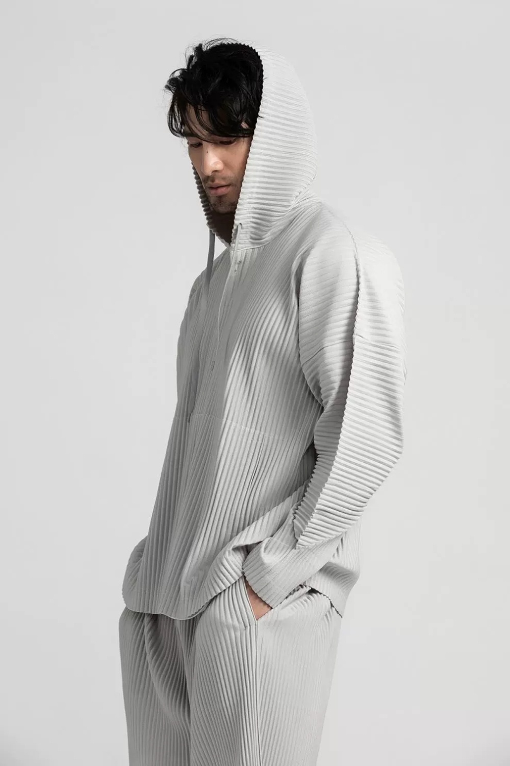 Men's Pleated Solid Long Sleeve Hoodies Loose Fit Hooded Sweatshirt
