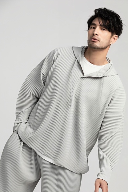 Men's Pleated Solid Long Sleeve Hoodies Loose Fit Hooded Sweatshirt