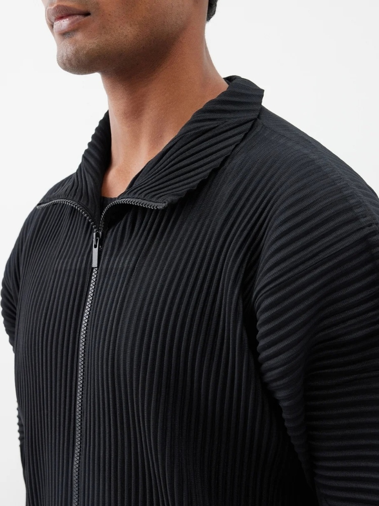 Men's Pleated High-Neck Zip-Up Jacket Basics Two-way Zip Fastening Coat