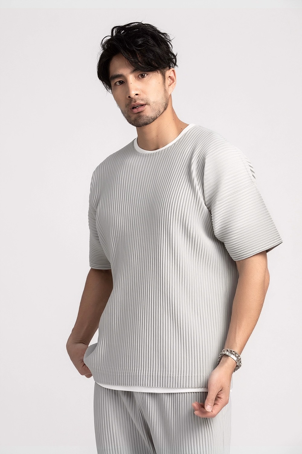Men's Pleated Solid Short Sleeve T Shirt Round Collar Casual  Tee
