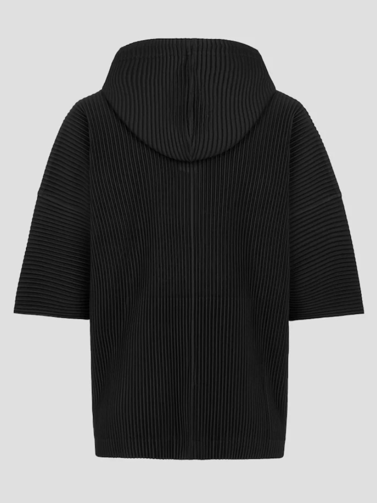 Men's Pleated Black Drawstring Hoodie With Big Pockets, Going Out, Casual