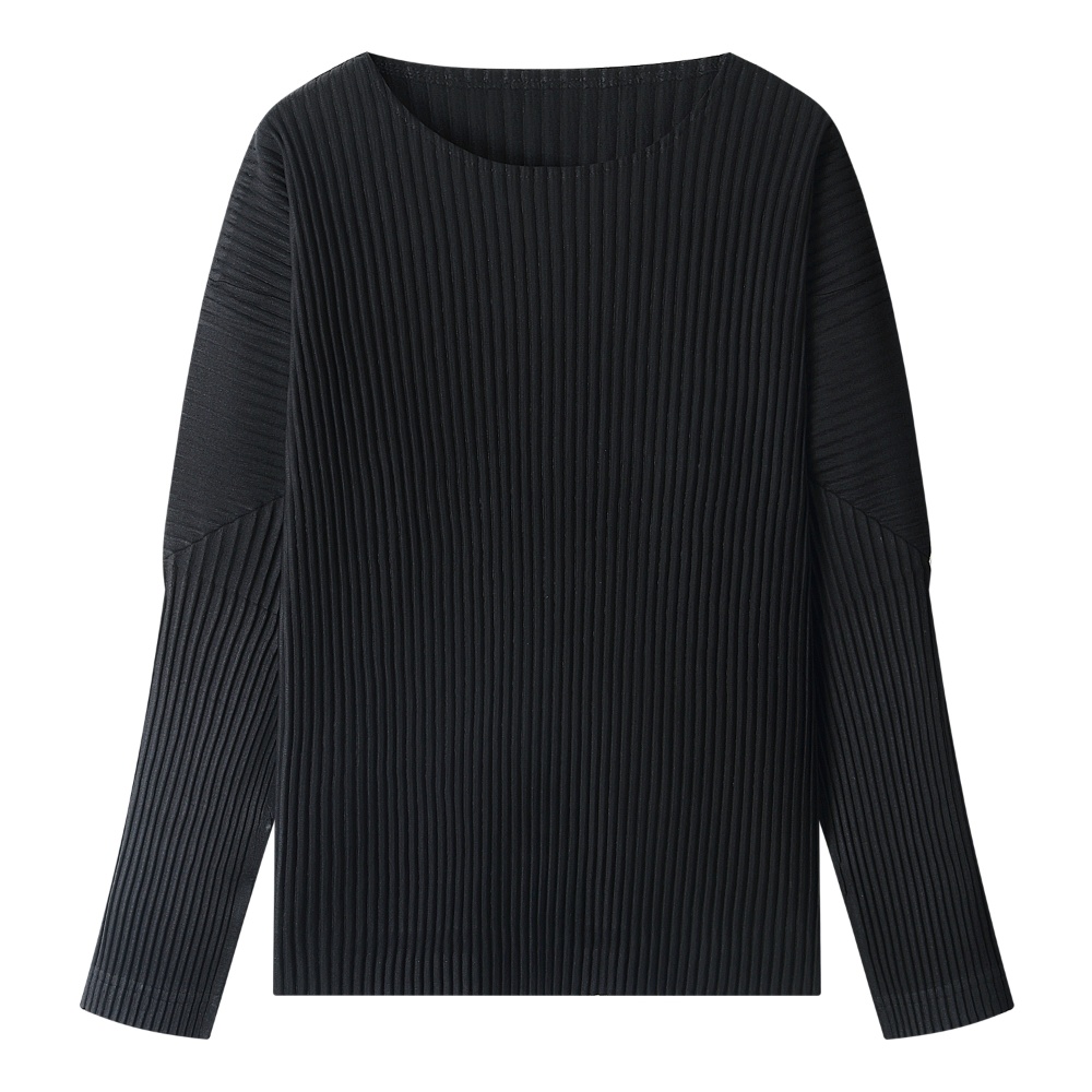 Men's Pleated Long Sleeve Plain T Shirt Japanese Streetwear Round Collar T-shirt