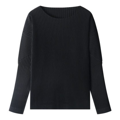 Men's Pleated Long Sleeve Plain T Shirt Japanese Streetwear Round Collar T-shirt