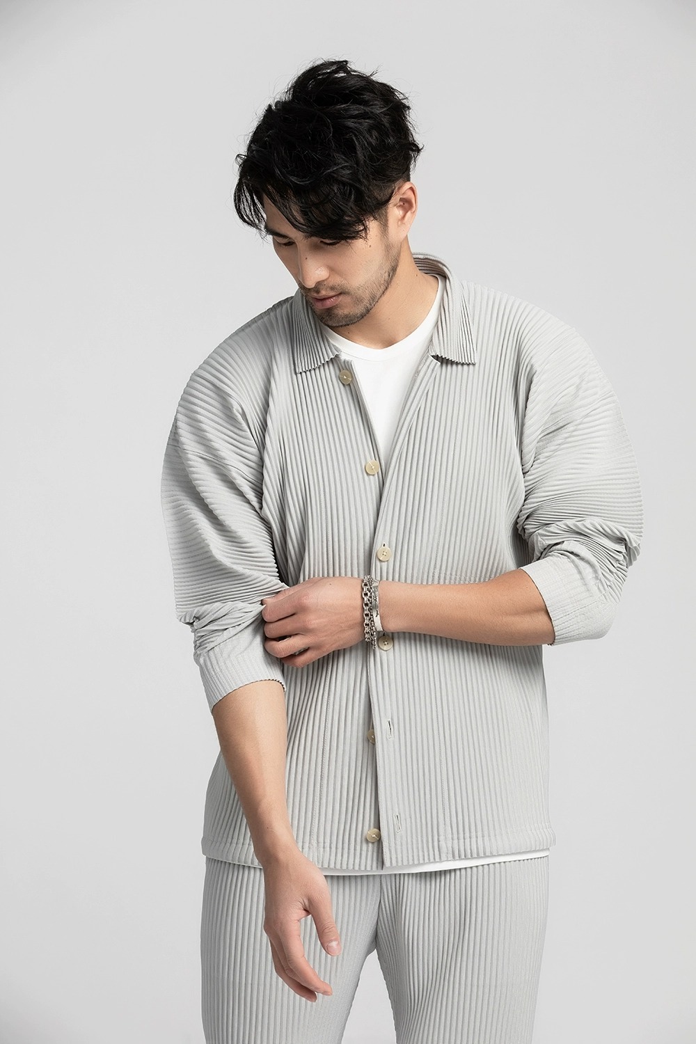 Men's Pleated Long Sleeve Shirt Casual Button Up Shirt