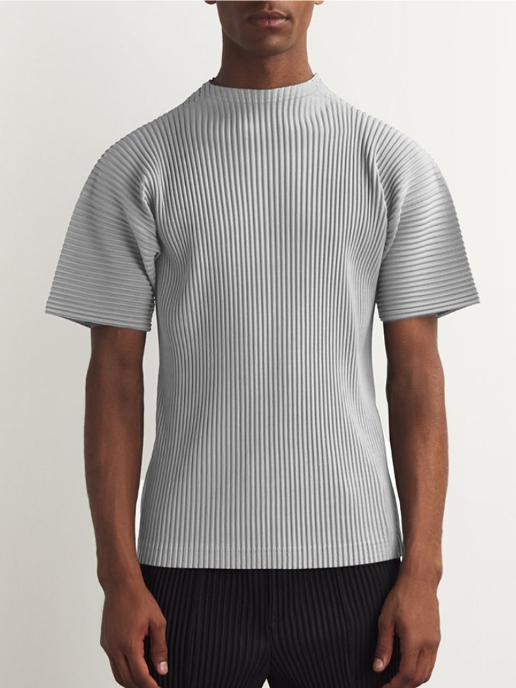 Men's Pleated Short Sleeve Turtleneck T-Shirt Fashion Plain Tee