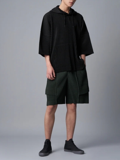 Men's Pleated Black Drawstring Hoodie With Big Pockets, Going Out, Casual