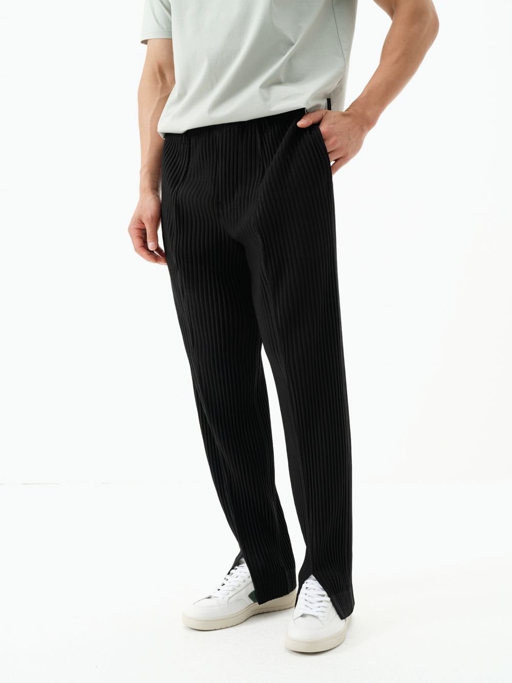 Men's Pleated Slit Pants Casual Drape Trouser Elastic Waist