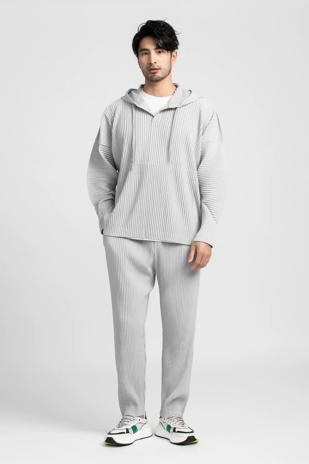 Men's Pleated Solid Long Sleeve Hoodies Loose Fit Hooded Sweatshirt