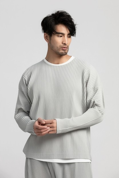 Men's Pleated Long Sleeve Plain T Shirt Japanese Streetwear Round Collar T-shirt