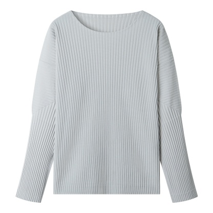 Men's Pleated Long Sleeve Plain T Shirt Japanese Streetwear Round Collar T-shirt