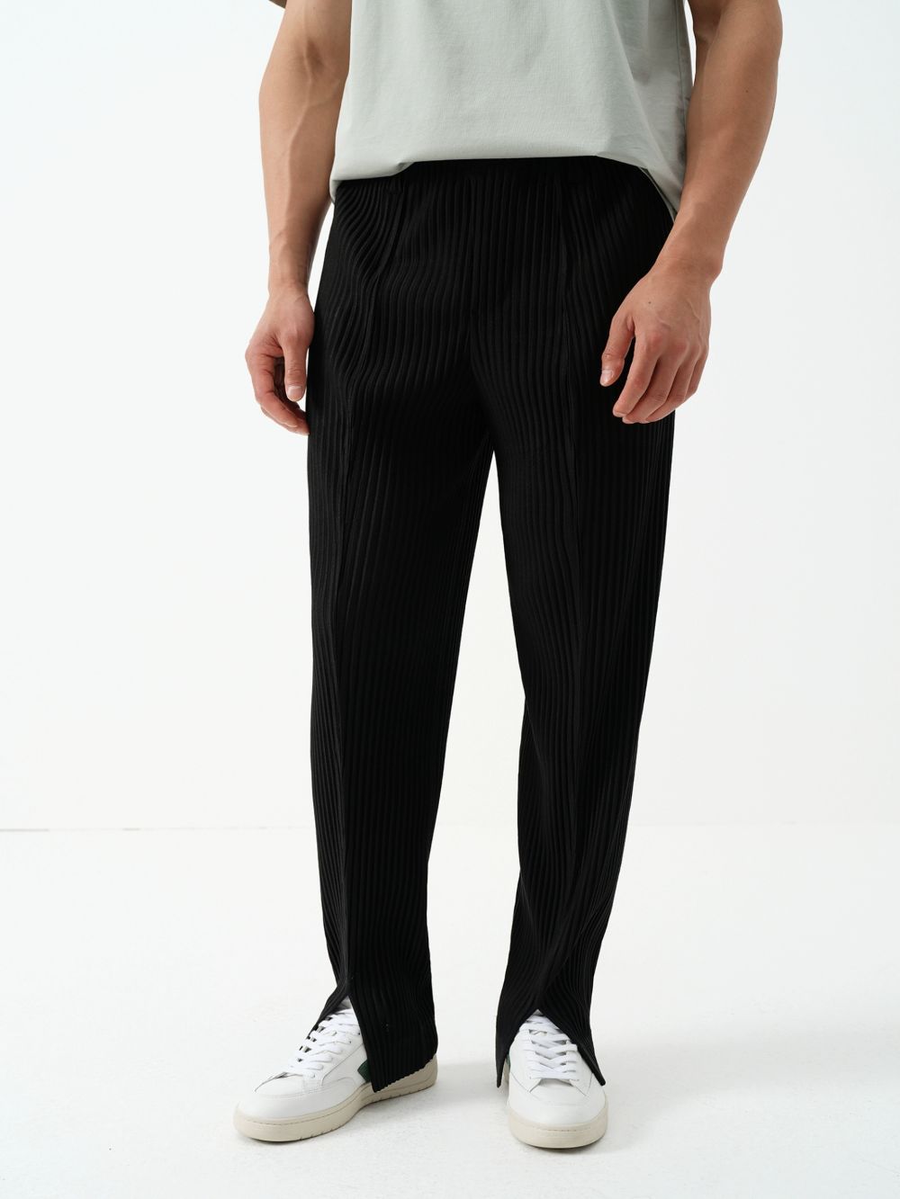 Men's Pleated Slit Pants Casual Drape Trouser Elastic Waist