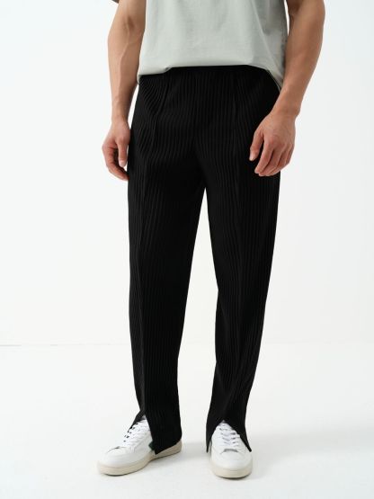 Men's Pleated Slit Pants Casual Drape Trouser Elastic Waist
