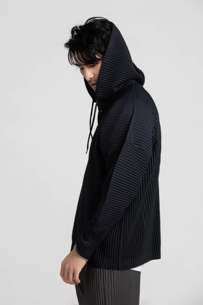Men's Pleated Solid Long Sleeve Hoodies Loose Fit Hooded Sweatshirt