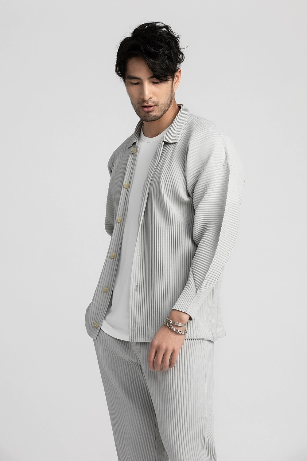 Men's Pleated Long Sleeve Shirt Casual Button Up Shirt