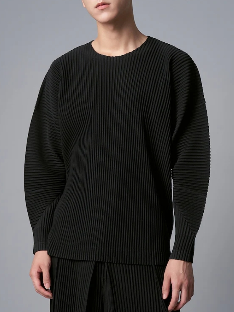 Men's Pleated Slit Long Sleeve T-Shirt Fashion Korean Streetwear Tshirts
