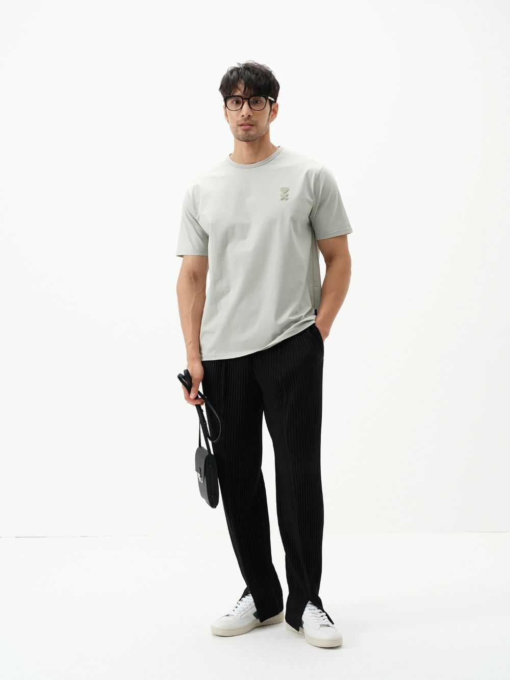 Men's Pleated Slit Pants Casual Drape Trouser Elastic Waist