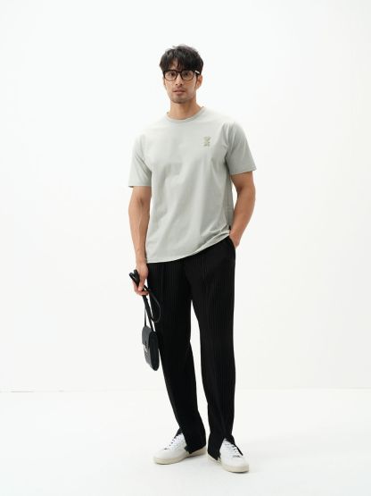 Men's Pleated Slit Pants Casual Drape Trouser Elastic Waist