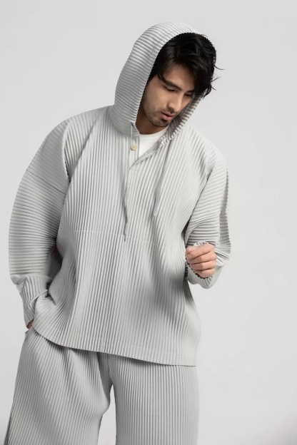 Men's Pleated Solid Long Sleeve Hoodies Loose Fit Hooded Sweatshirt