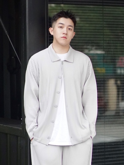 Men's Pleated Long Sleeve Shirt Casual Button Up Shirt