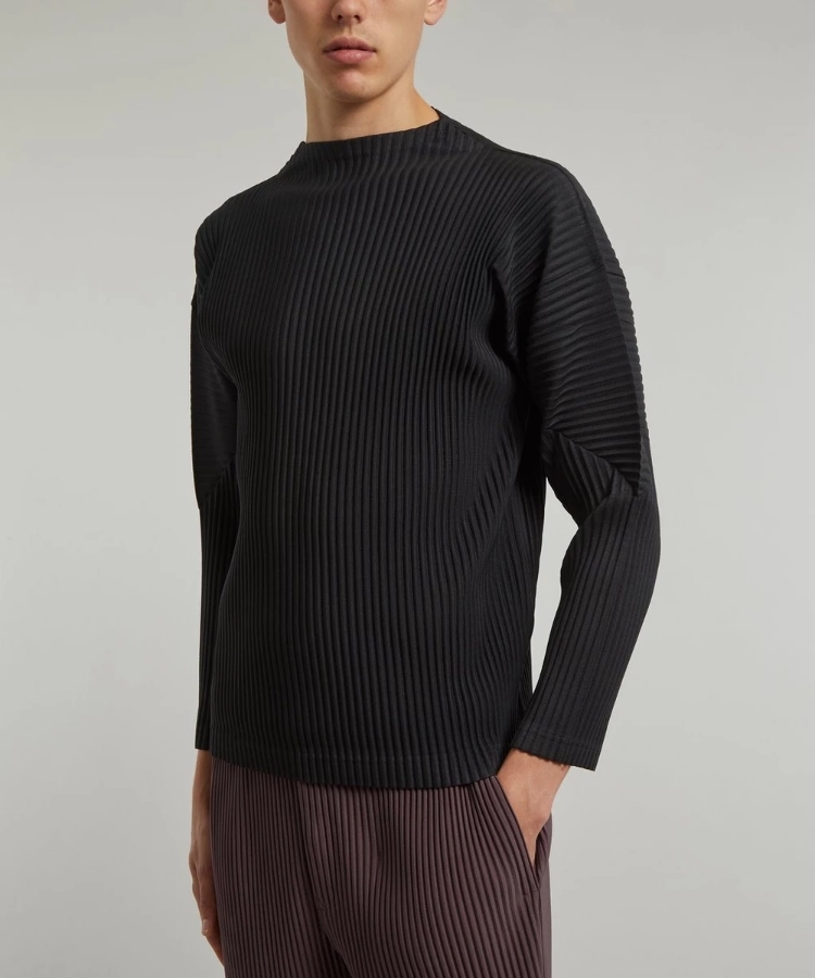 Men's Pleated Long Sleeve Turtleneck T-Shirt Fashion Classic Black Tshirts