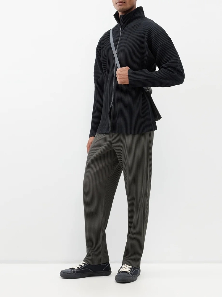 Men's Pleated High-Neck Zip-Up Jacket Basics Two-way Zip Fastening Coat