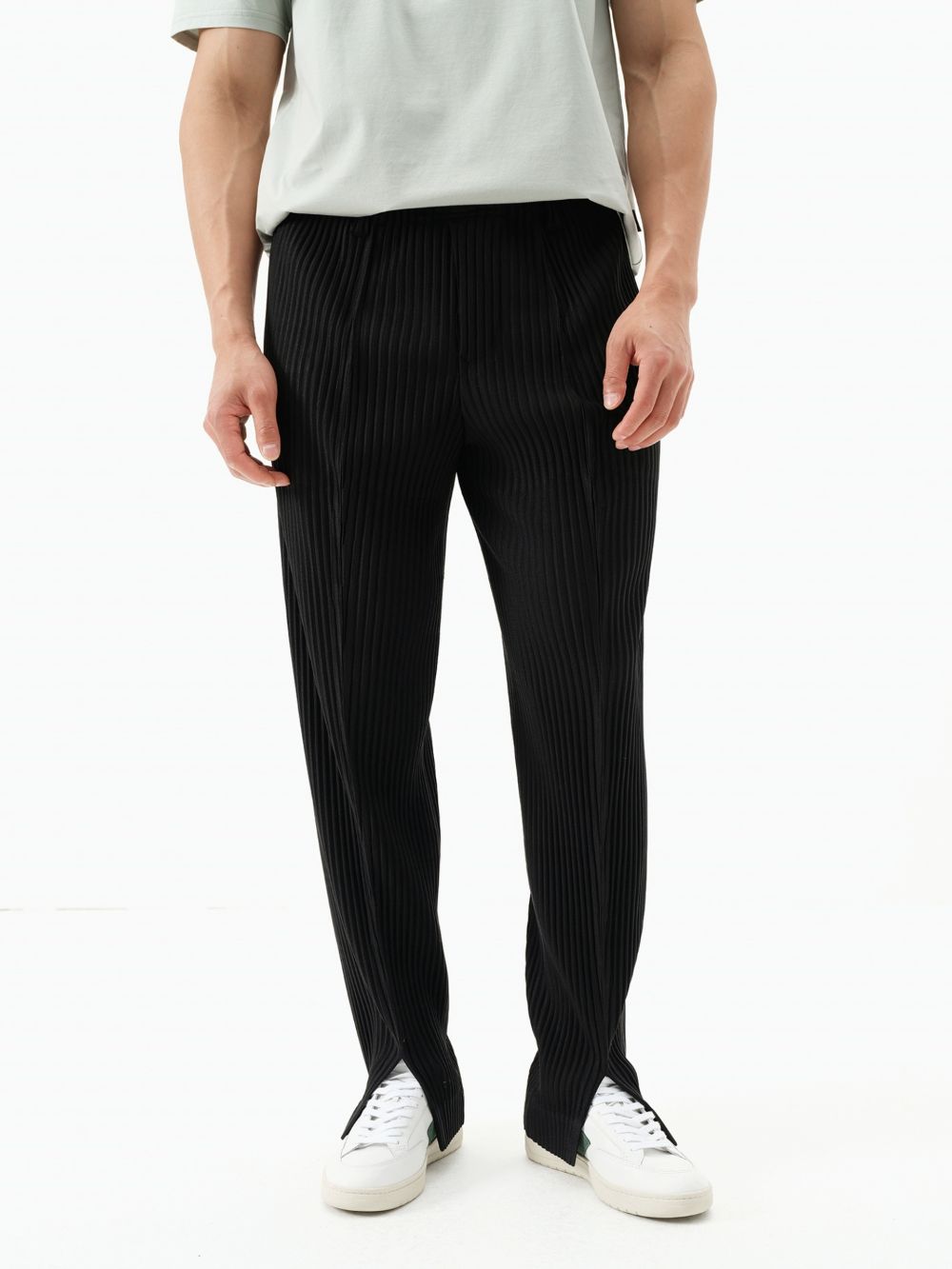 Men's Pleated Slit Pants Casual Drape Trouser Elastic Waist