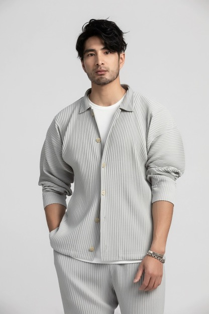 Men's Pleated Long Sleeve Shirt Casual Button Up Shirt