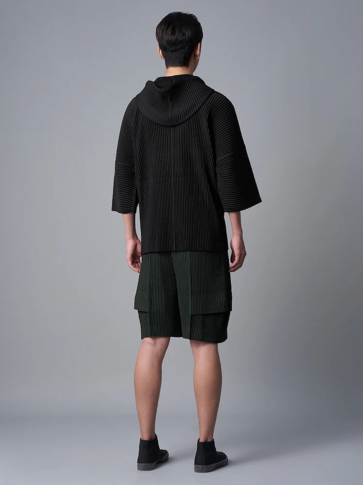 Men's Pleated Black Drawstring Hoodie With Big Pockets, Going Out, Casual