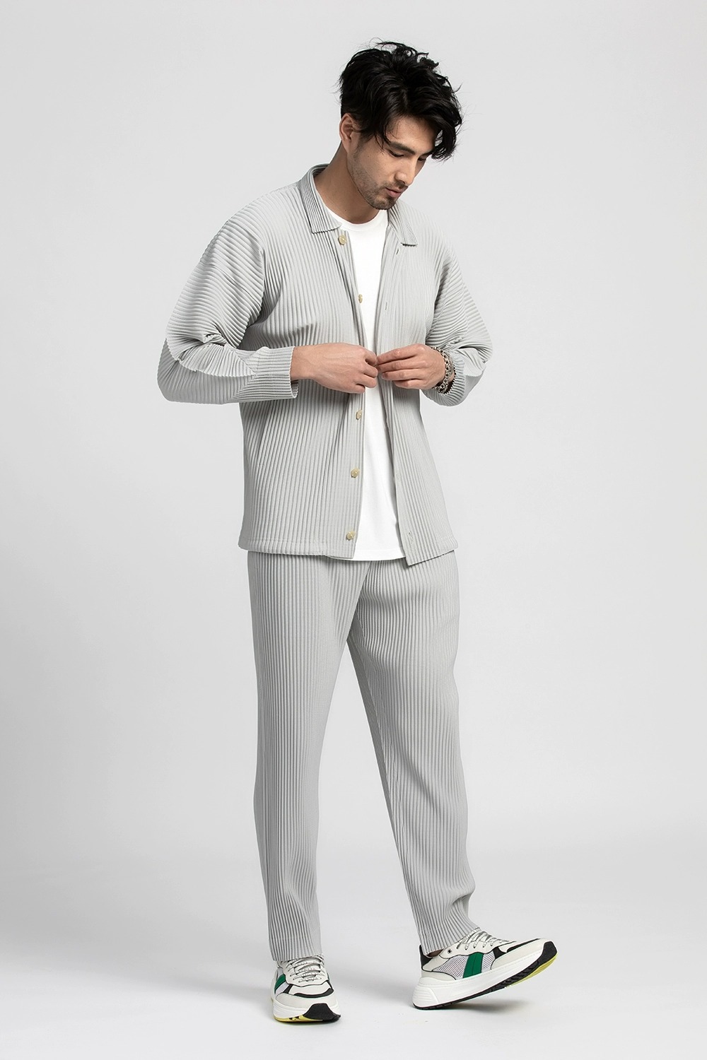 Men's Pleated Long Sleeve Shirt Casual Button Up Shirt